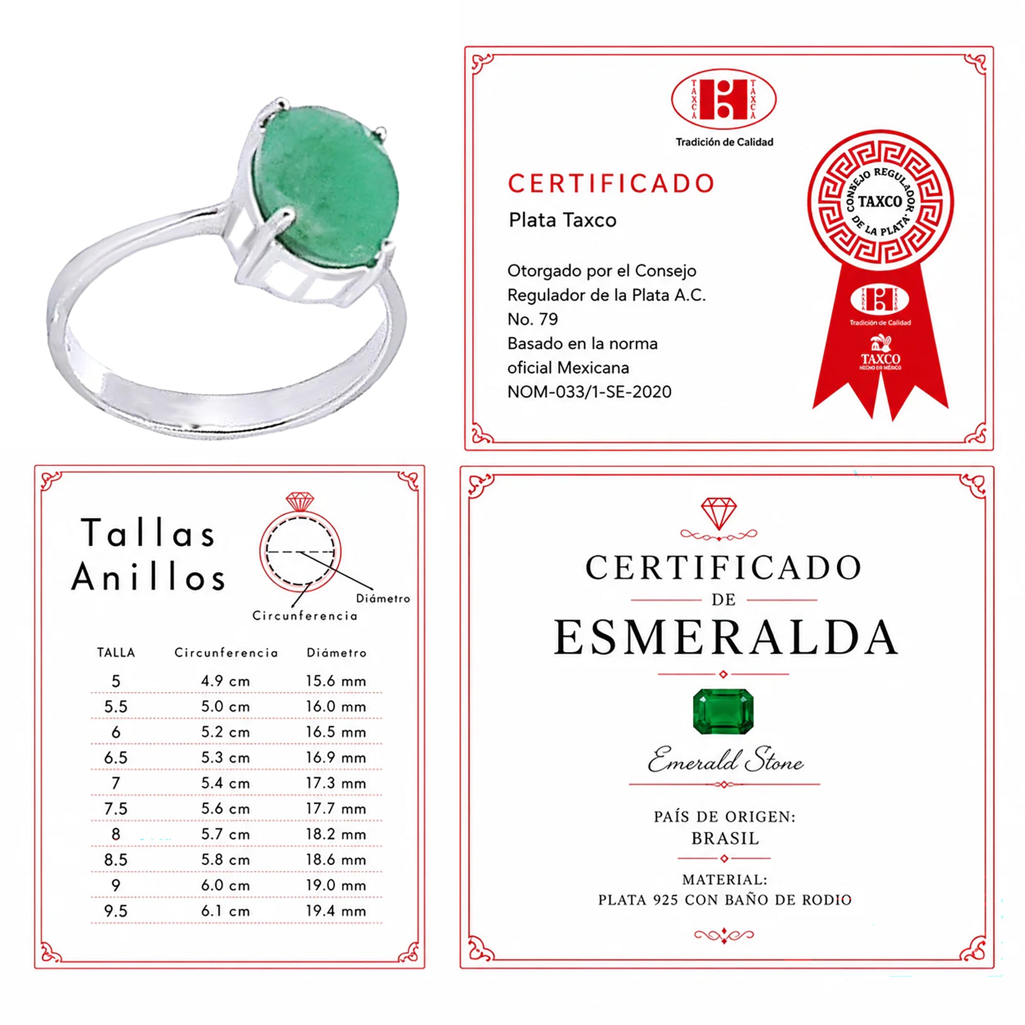 Anillo Piedra Preciosa Esmeralda Grande, Plata .925 con Baño de Rodio