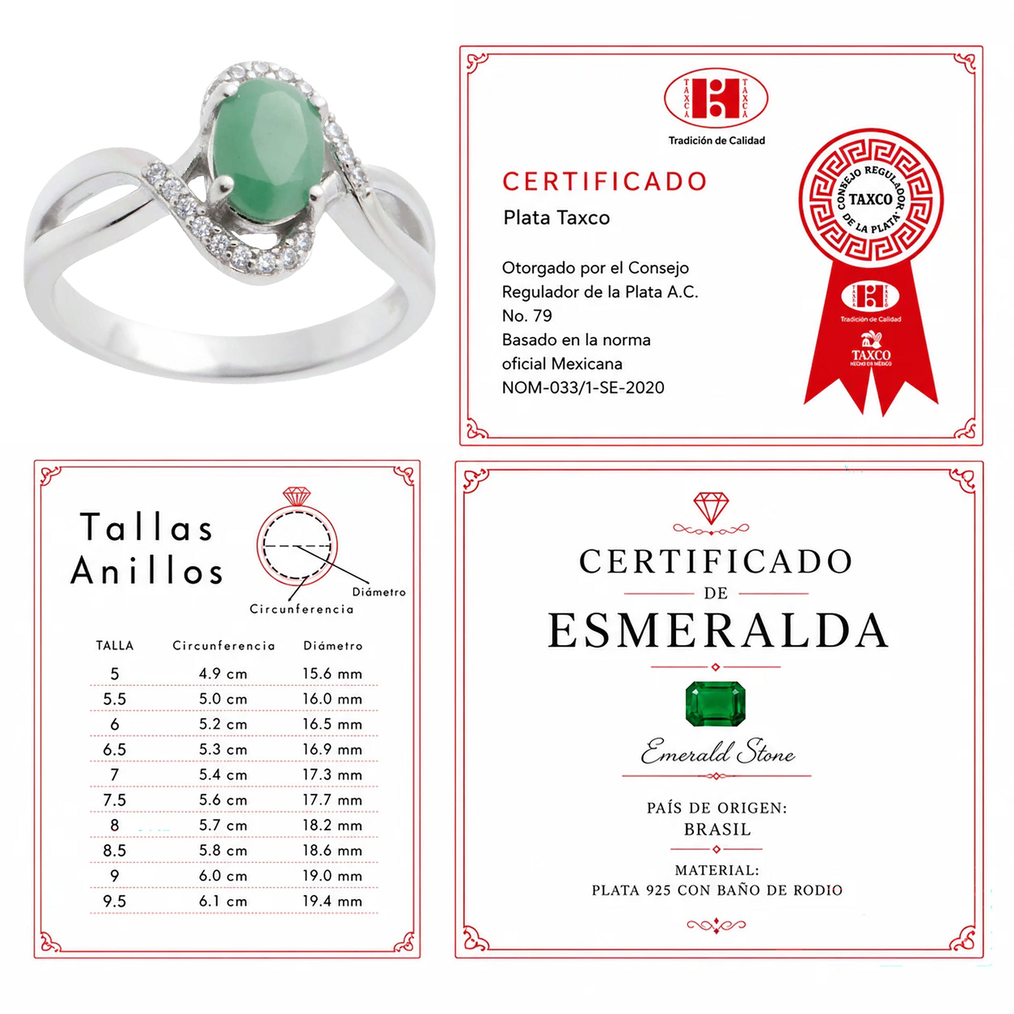 Anillo Piedras Preciosas Esmeralda Entrelazado con Circonias, Plata .925 con Baño de Rodio