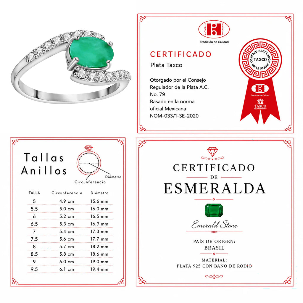 Anillo Piedras Preciosas Esmeralda Óvalo con Circonias, Plata .925 con Baño de Rodio