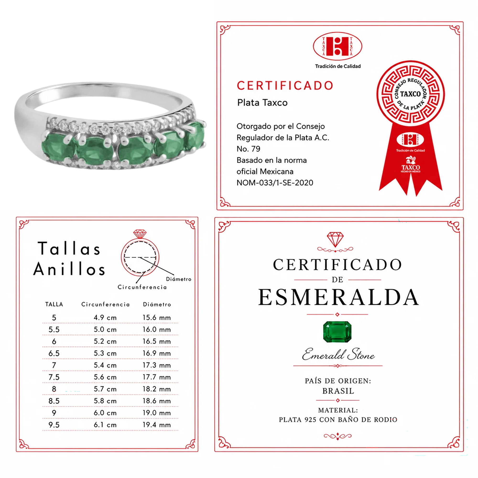 Anillo Piedra Preciosa 5 Esmeraldas con Circonias Chicas, Plata .925 con Baño de Rodio