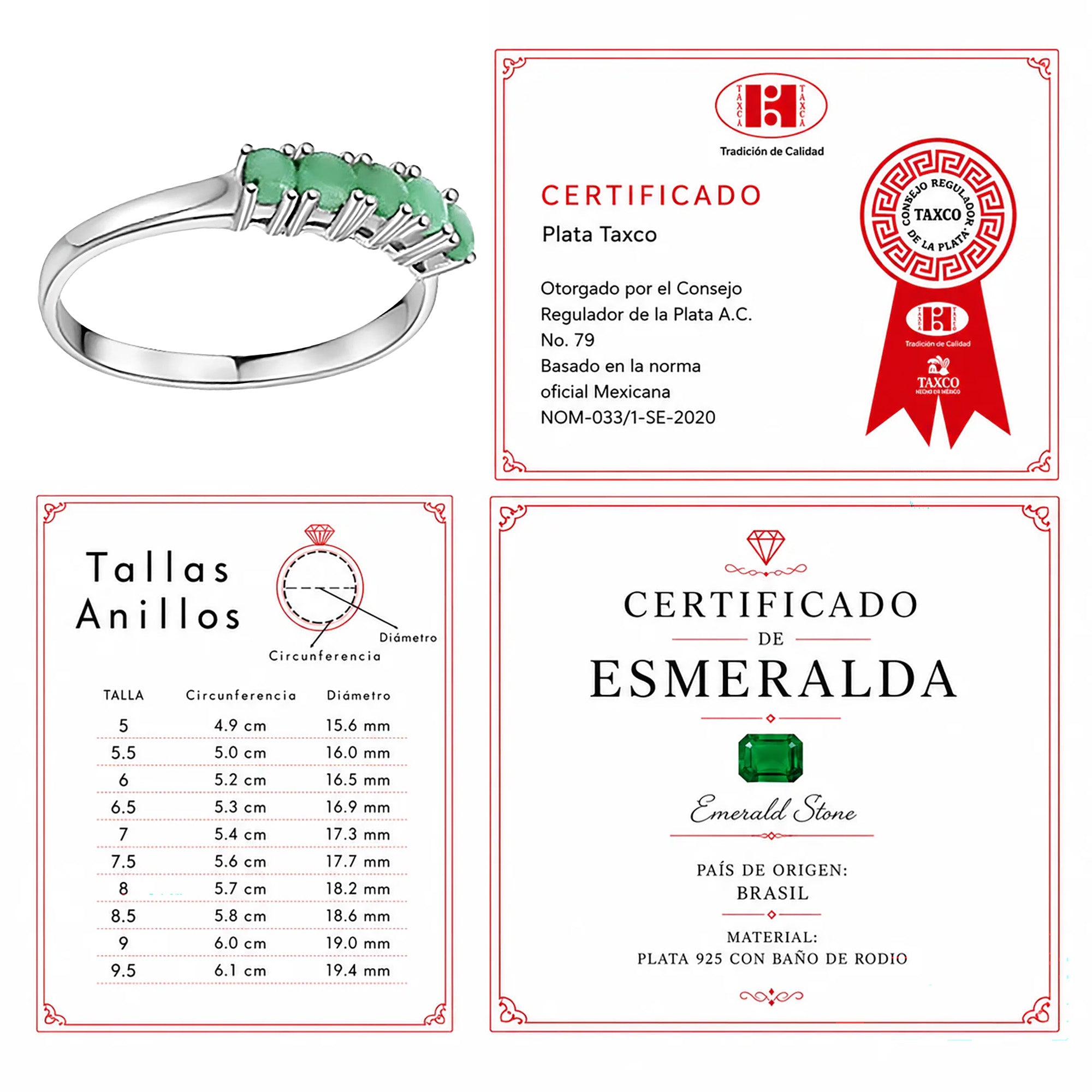 Anillo Piedras Preciosas 6 Esmeraldas Circulares, Plata .925 con Baño de Rodio