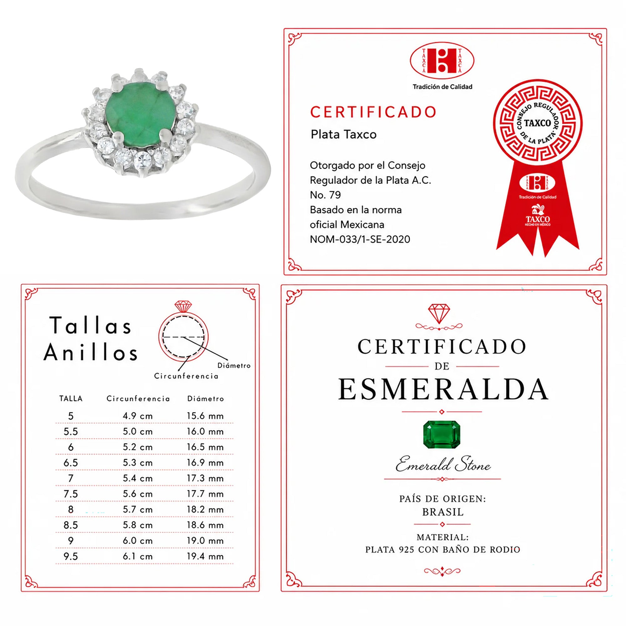 Anillo Piedras Preciosas Flor de Esmeralda con Circonias, Plata .925 con Baño de Rodio