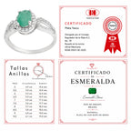 Anillo Piedras Preciosas Esmeralda Ovalada Grande con Circonias, Plata .925 con Baño de Rodio
