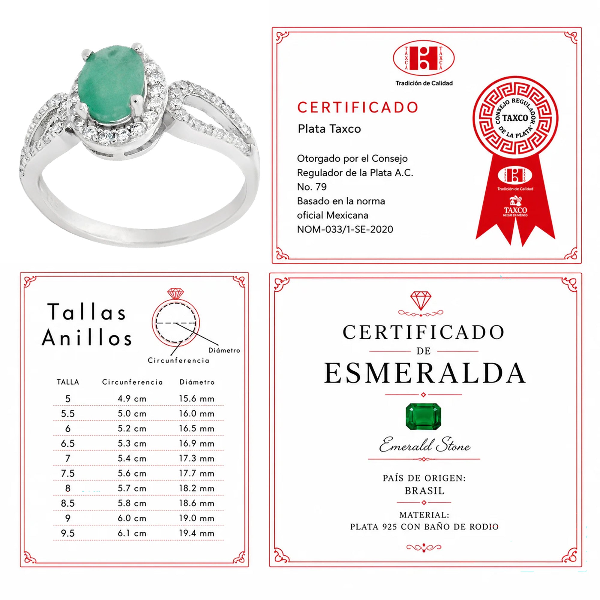 Anillo Piedras Preciosas Esmeralda Ovalada Grande con Circonias, Plata .925 con Baño de Rodio