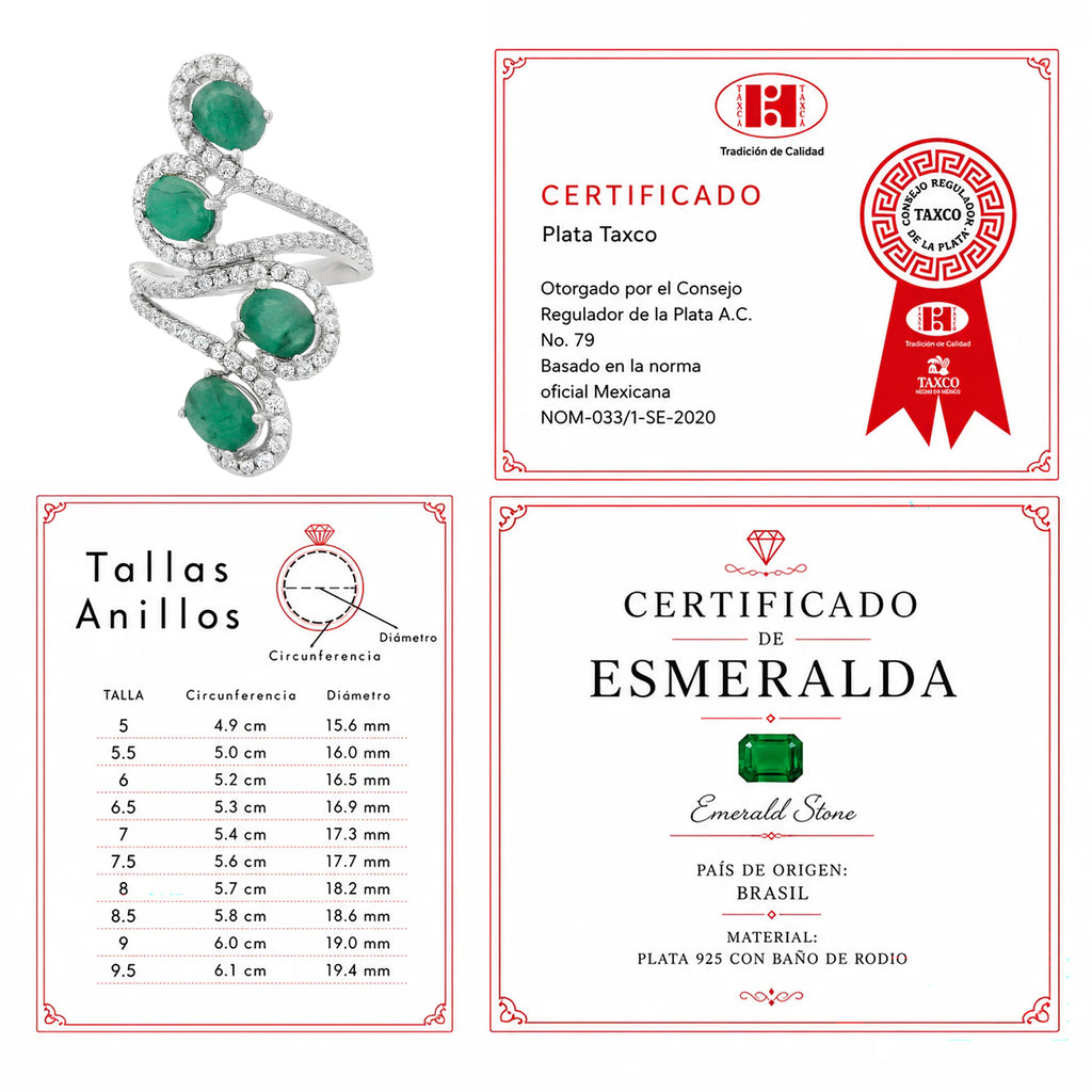 Anillo Piedra Preciosa 4 Esmeraldas con Circonias, Plata .925 con Baño de Rodio