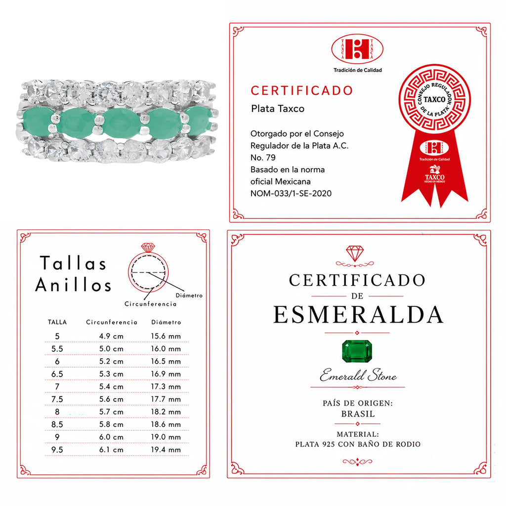 Anillo Piedras Preciosas 5 Esmeraldas con Circonias, Plata .925 con Baño de Rodio