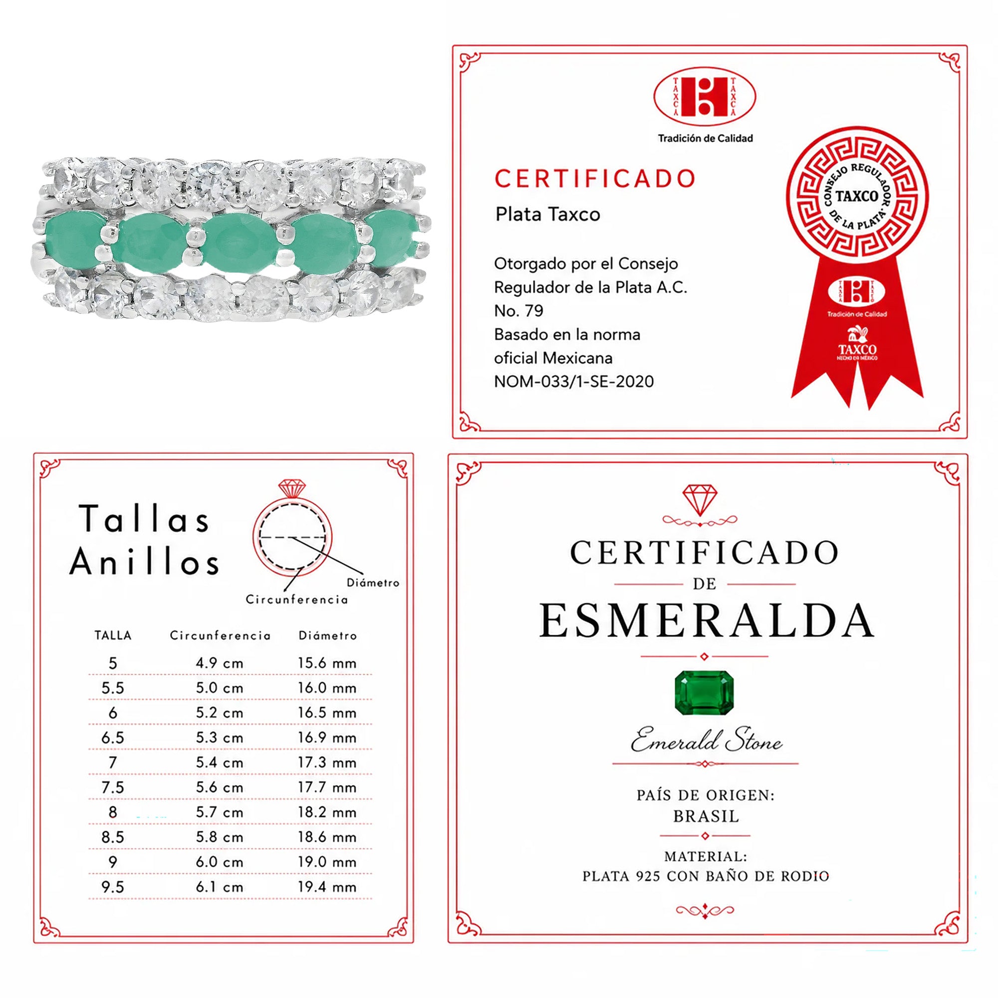 Anillo Piedras Preciosas 5 Esmeraldas con Circonias, Plata .925 con Baño de Rodio