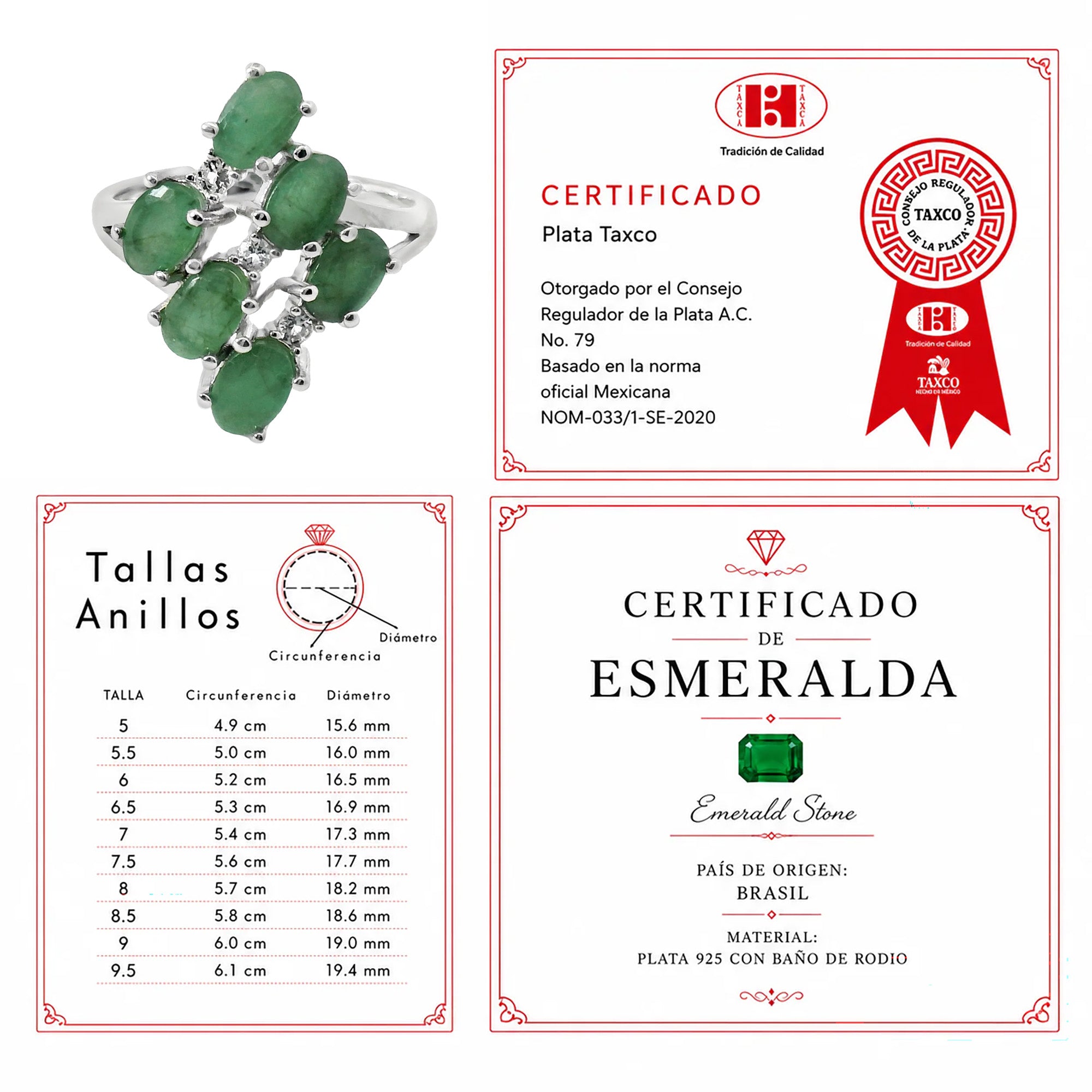 Anillo Piedra Preciosa 6 Esmeraldas Ovaladas y Circonias, Plata .925 con Baño de Rodio