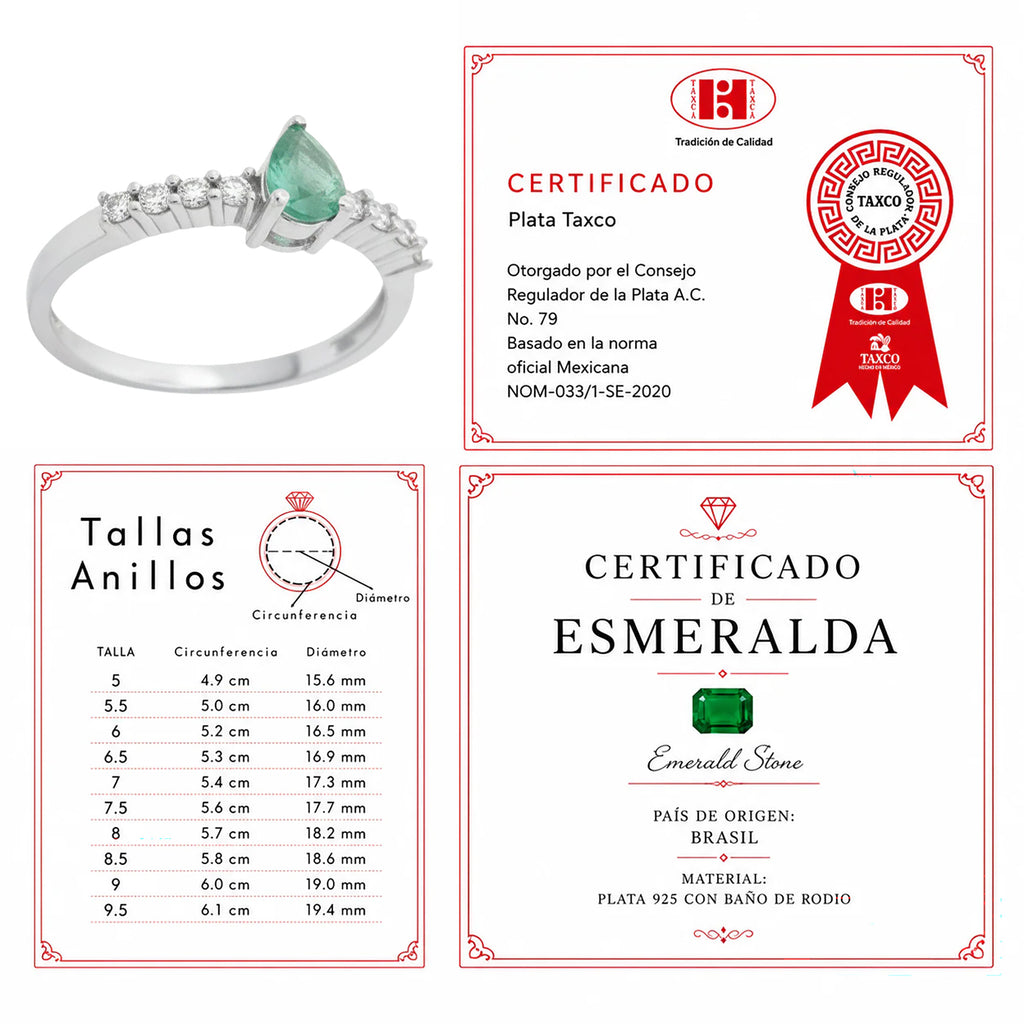 Anillo Piedra Preciosa Esmeralda Gota y Circonias, Plata .925 con Baño de Rodio