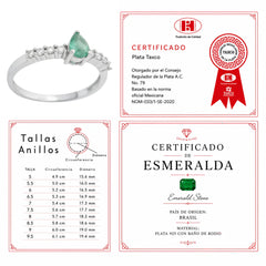 Anillo Piedra Preciosa Esmeralda Gota y Circonias, Plata .925 con Baño de Rodio