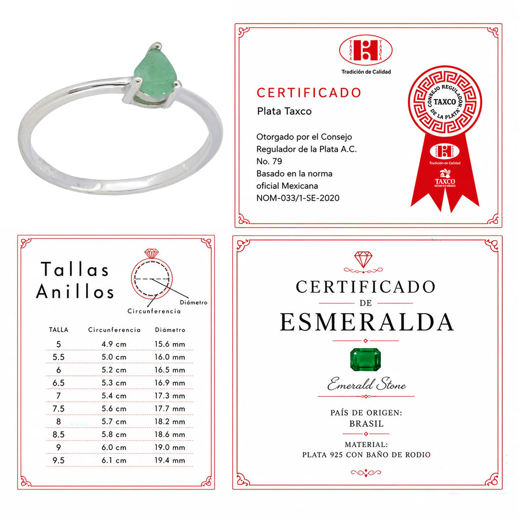 Anillo Piedra Preciosa Esmeralda Chica en Gota, Plata .925 con Baño de Rodio