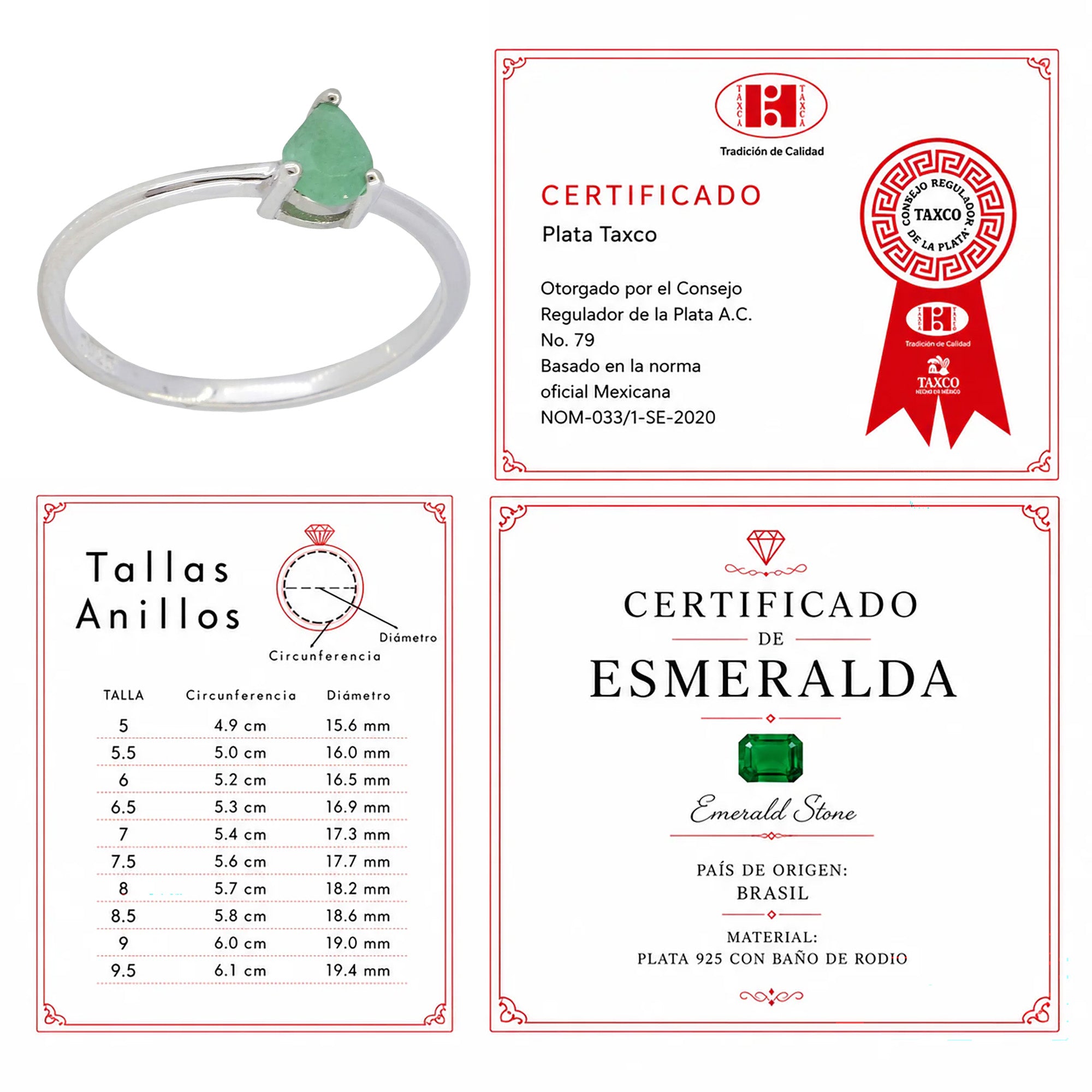 Anillo Piedra Preciosa Esmeralda Chica en Gota, Plata .925 con Baño de Rodio