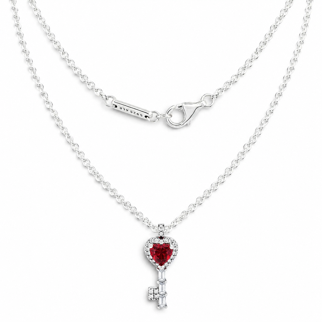 Collar Pan 1:1 Dije de Llave con Circonia Rosa y Micro Circonias Plata .925