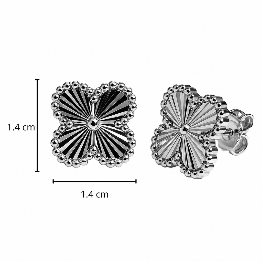 Broquel Flor Grande 1.4cm, Van C Diamantado Plata .925 con Baño de Rodio