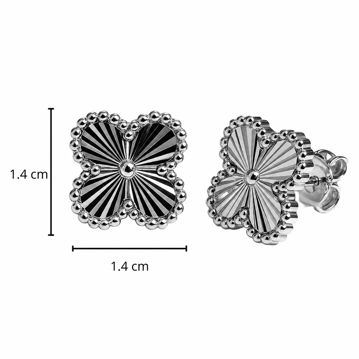 Broquel Flor Grande 1.4cm, Van C Diamantado Plata .925 con Baño de Rodio