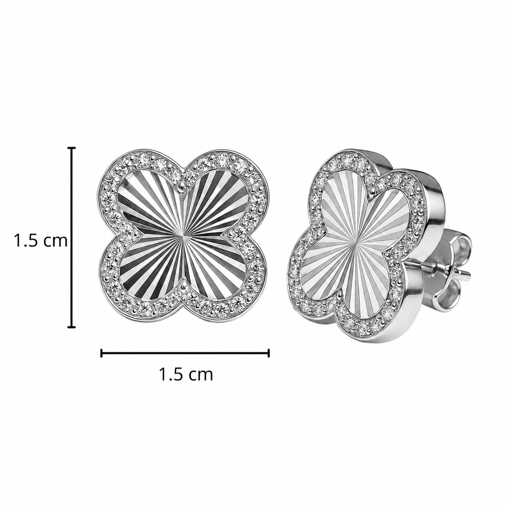 Arete Broquel Arete Flor Maxi 1.5 cm  Inspirado Van C Diamantado con Circonias Plata .925 con Baño de Rodio
