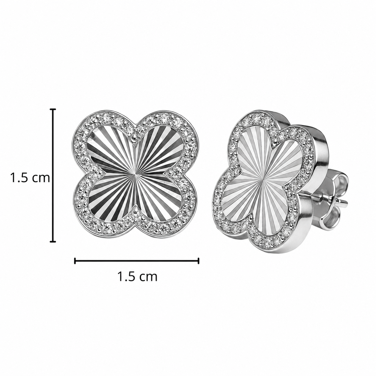 Arete Broquel Arete Flor Maxi 1.5 cm  Inspirado Van C Diamantado con Circonias Plata .925 con Baño de Rodio