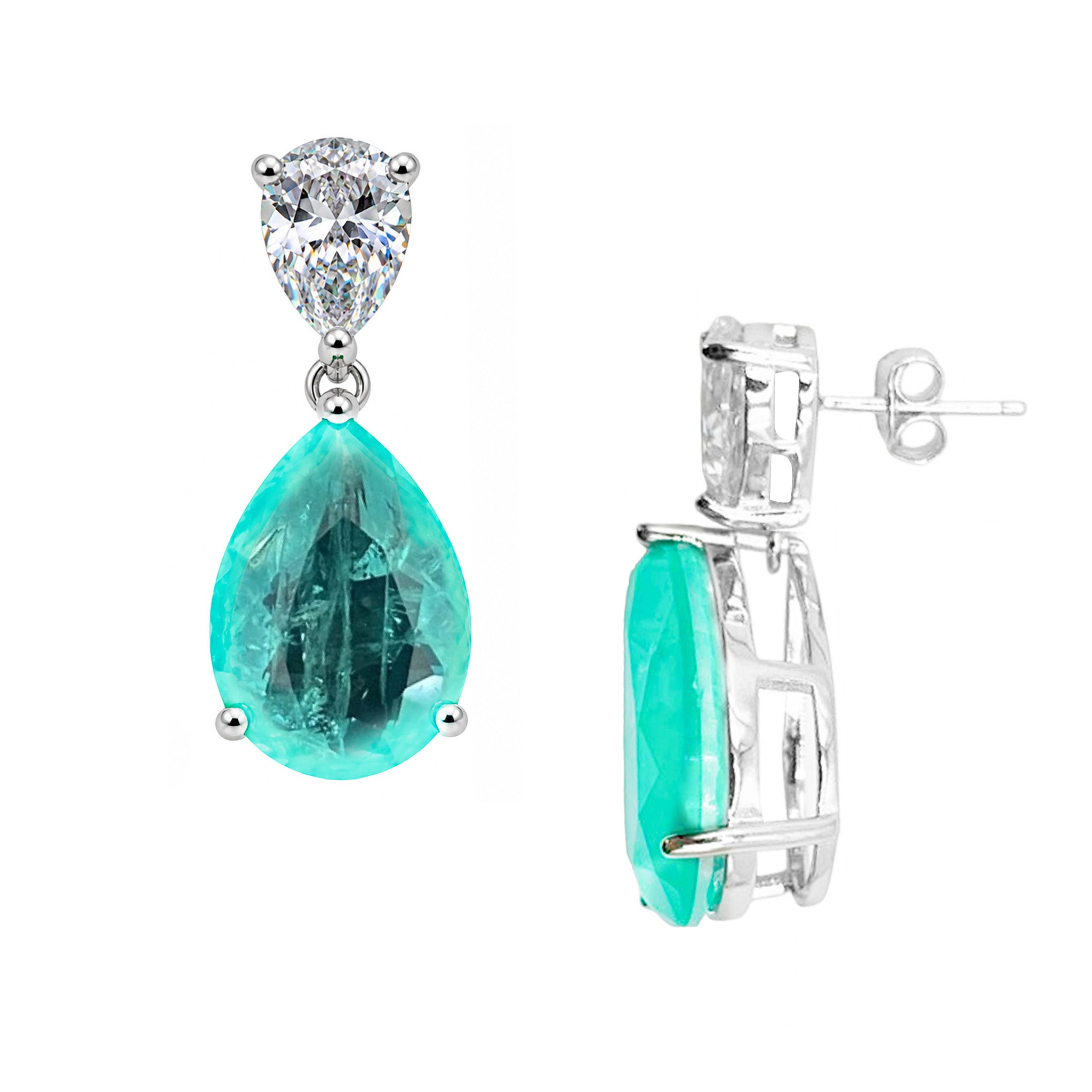 Arete Turmalina Verde Claro Gota con Circonia Blanca , Medida 3.2cm, Plata .925 con Baño de Rodio
