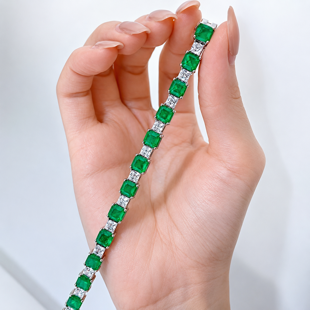 Pulsera Turmalina Cuadrada con Circonias Blancas Cuadradas, Plata .925 con Baño de Rodio
