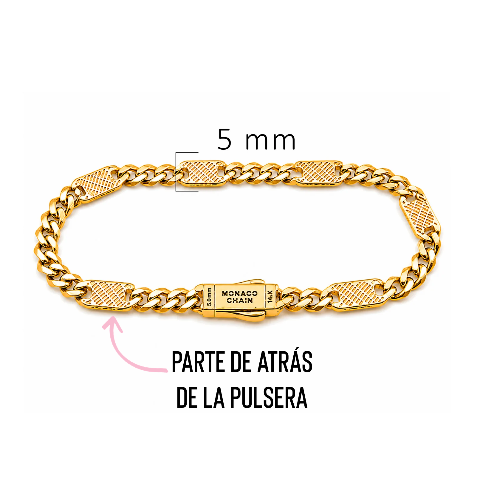 Pulsera Mónaco Chain Original Cubana con Placa Lisa, Broche Circonias 21 cm, 5 mm. Oro 14K