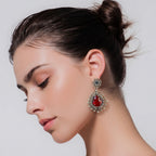 Aretes Filigrana 5 cm Gota y Circulo con Circonia Roja y Piedra Gris Hematite Hecho a Mano Plata .925 Oxidado