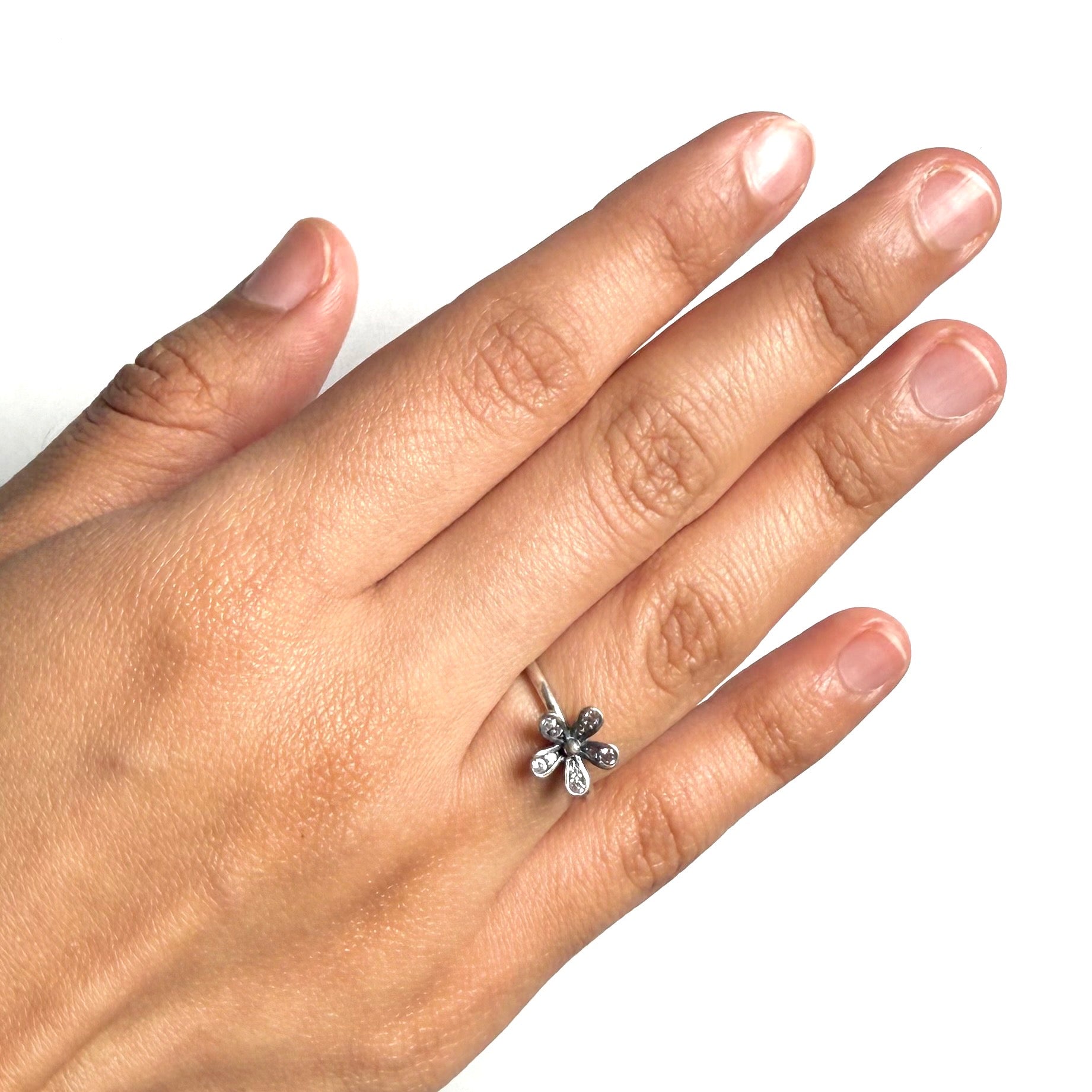 Anillo Inspirado Pan 1.1 Flor 5 Pétalos Circonias Anilleta lisa Plata .925