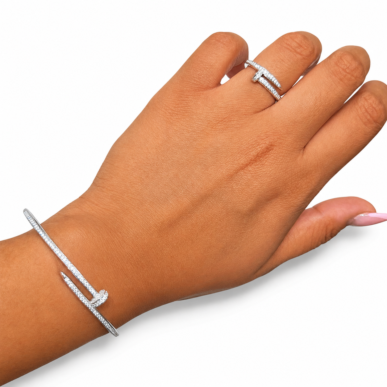 Juego Cartier 1:1 Brazalete y Anillo Clavo con Circonias, Plata .925 con Rodio