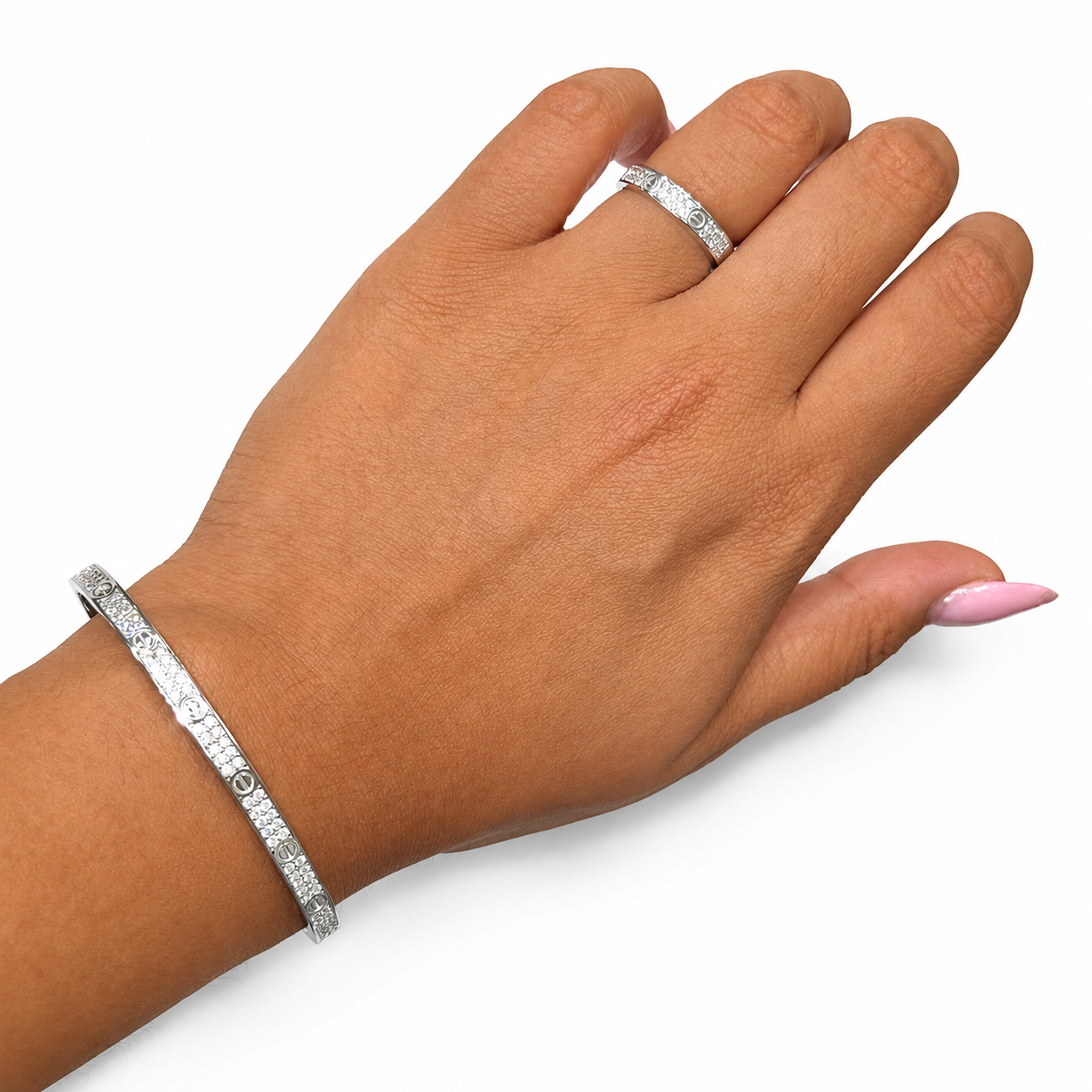Juego Cartier 1:1 Brazalete y Anillo Amor con Circonias, Plata .925 con Rodio