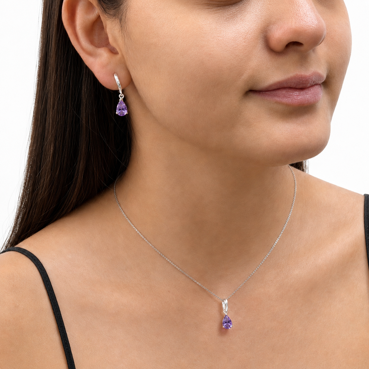 Juego Circonia Morada en Forma de Gota Plata .925