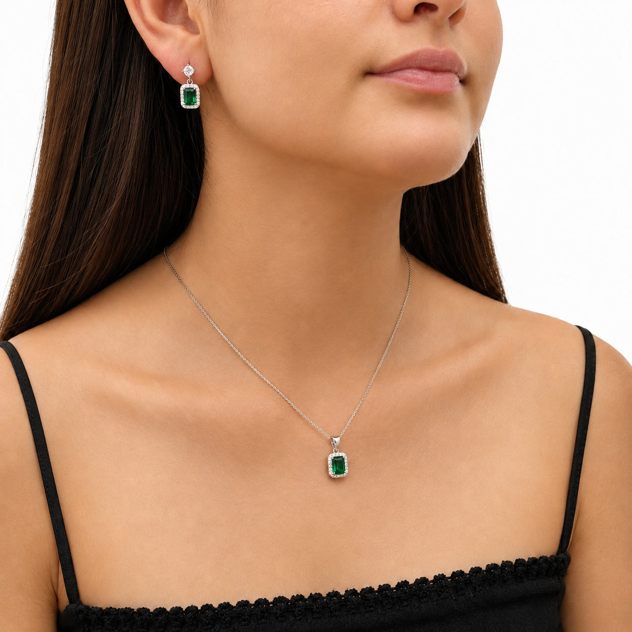 Juego Circonia Cuadrada Verde con Micro Circonias Plata .925 con Rodio