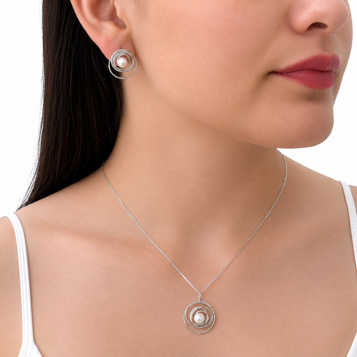 Juego Perla Natural con Base Espiral Plata .925