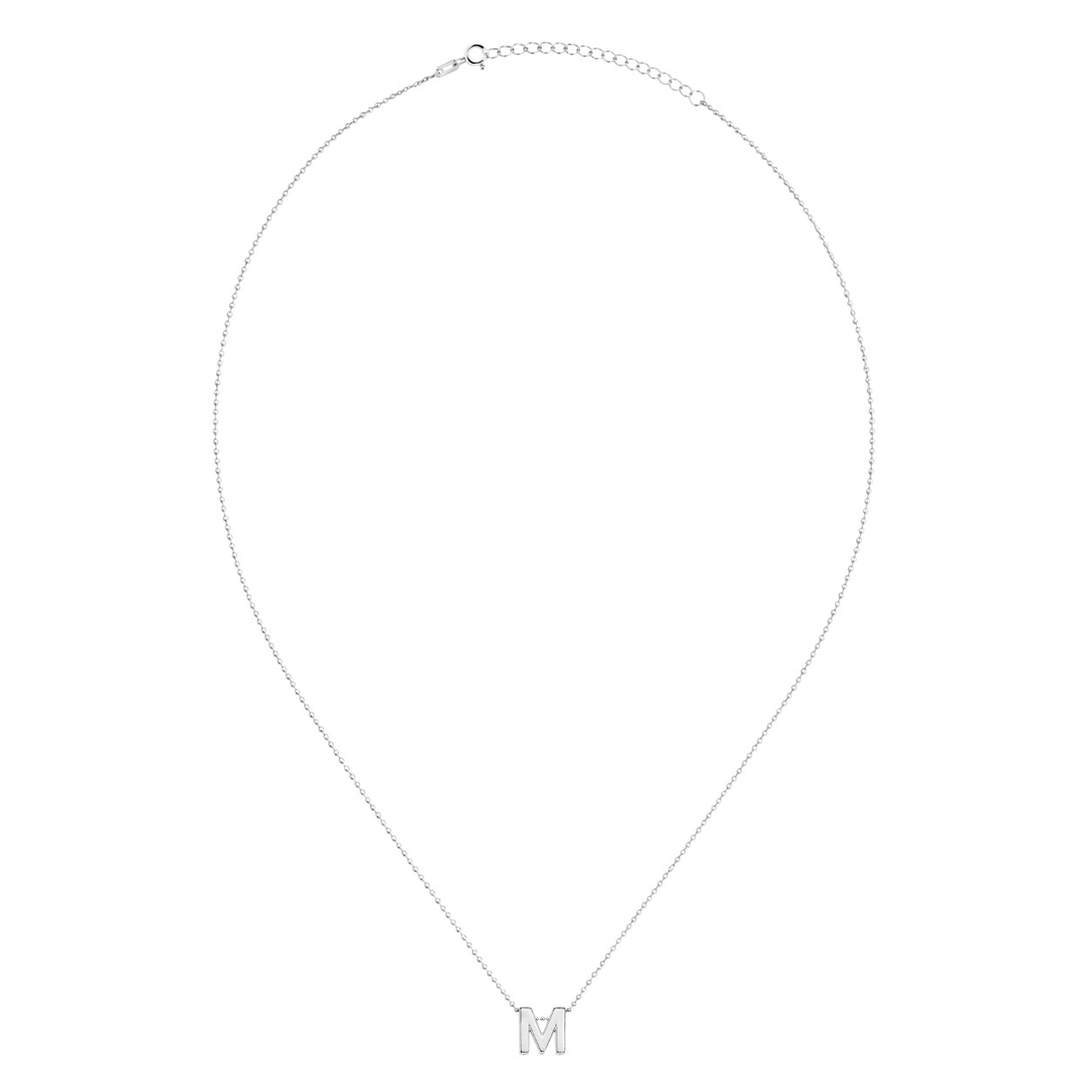 Collar Letra M Plata .925 con Baño de Rodio