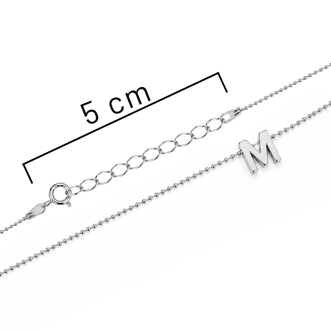 Collar Letra M Plata .925 con Baño de Rodio