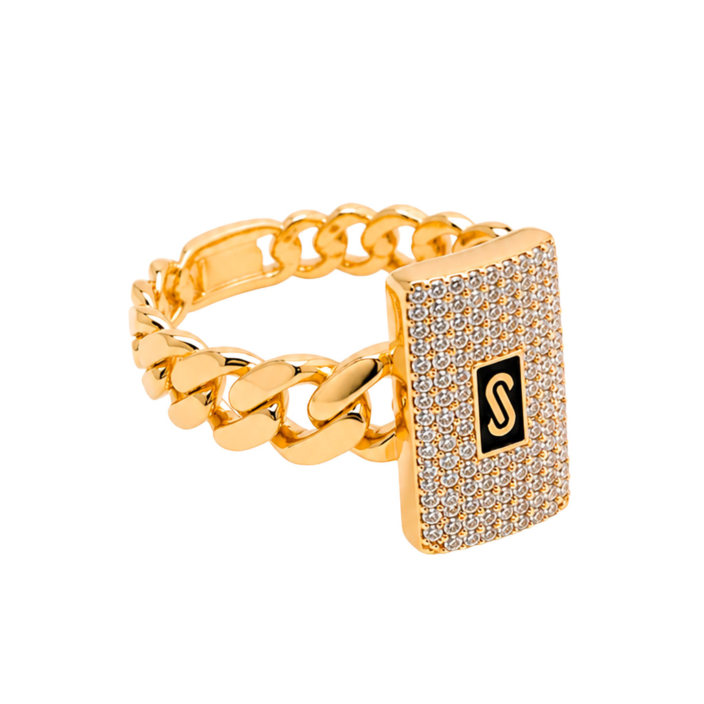 Anillo Mónaco Chain Original Cadena Cubana con Broche Circonias, Oro 14K
