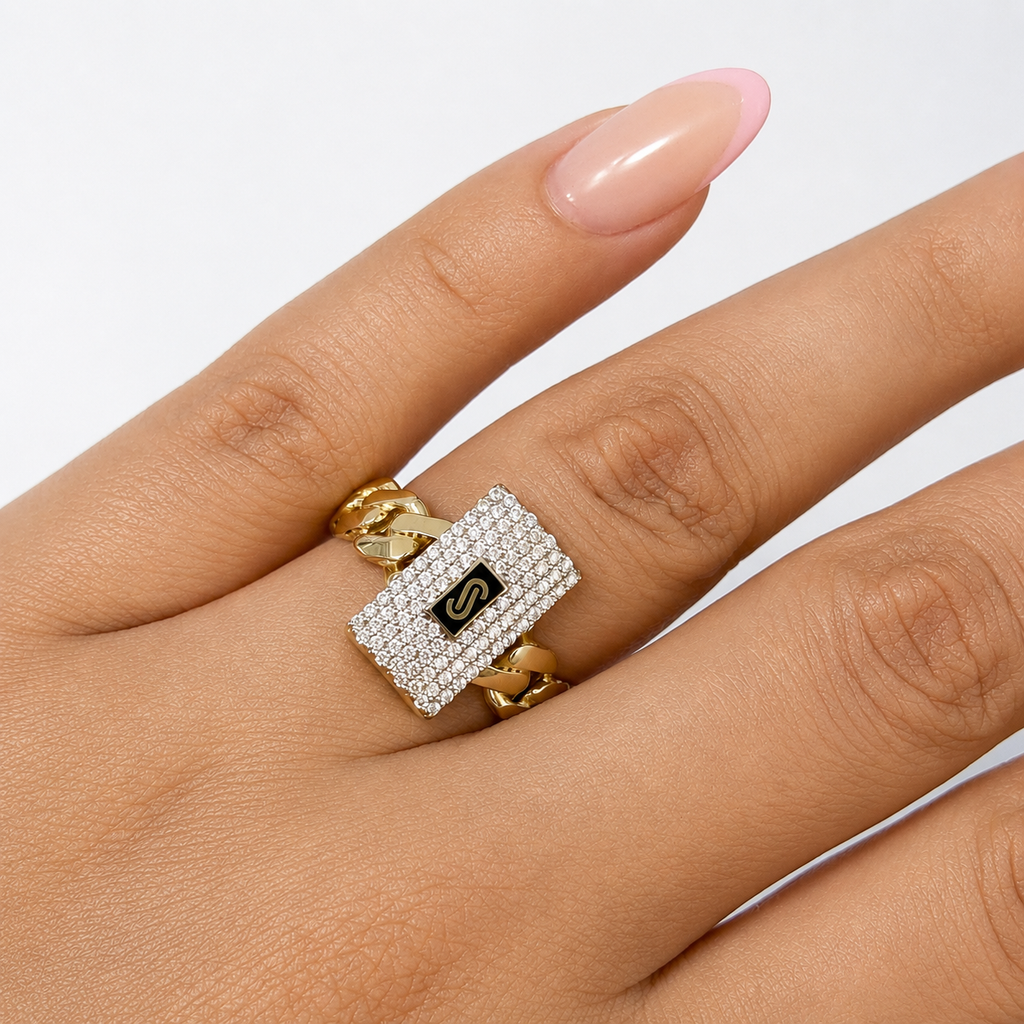 Anillo Mónaco Chain Original Cadena Cubana con Rectángulo Circonias, Oro 14K