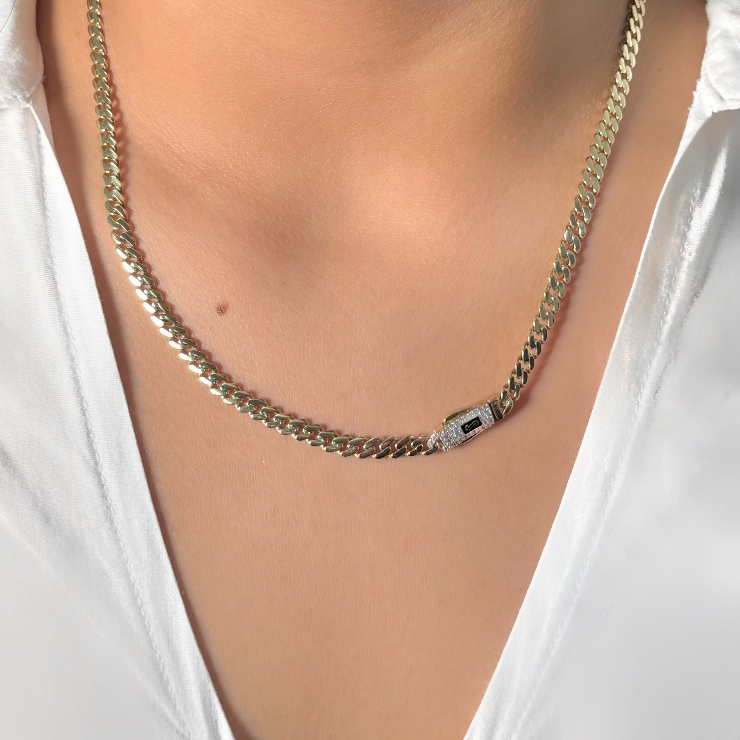 Collar Mónaco Chain Original Cubana Lisa 5mm 50 cm. Broche Circonias Oro 14K