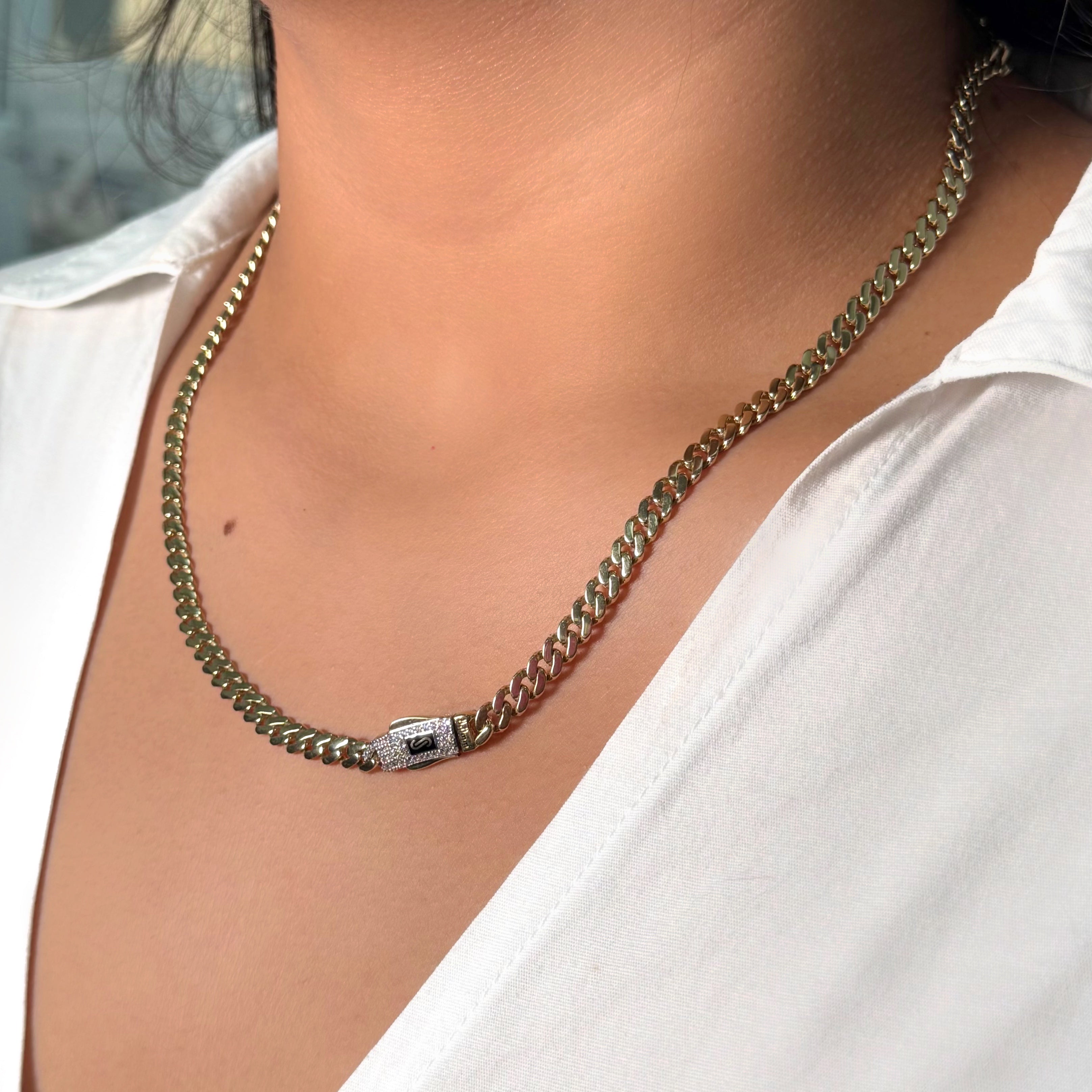 Collar Mónaco Chain Original Cubana Lisa 5mm 45 cm. Broche Circonias Oro 14K