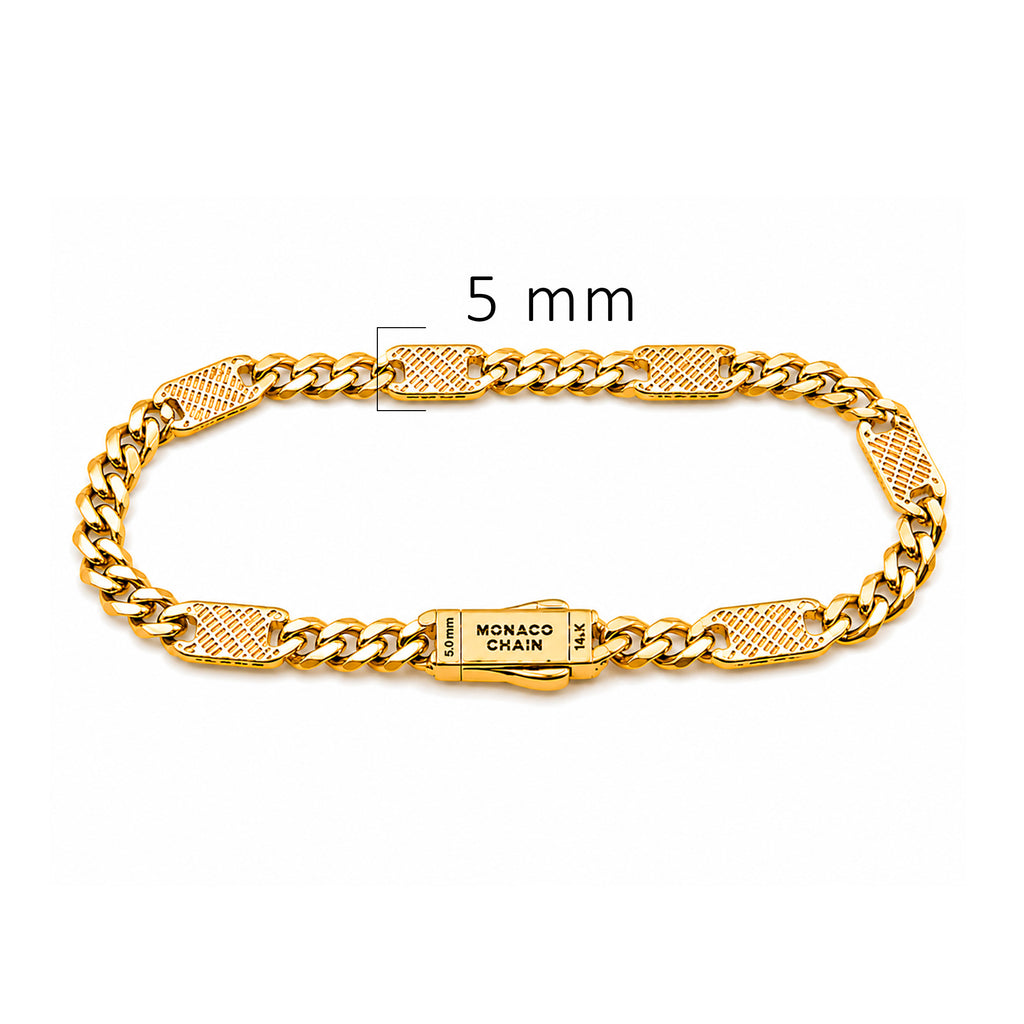 Pulsera Mónaco Chain Original Cubana con Placa Lisa, Broche Circonias 17 cm, 55 mm. Oro 14K