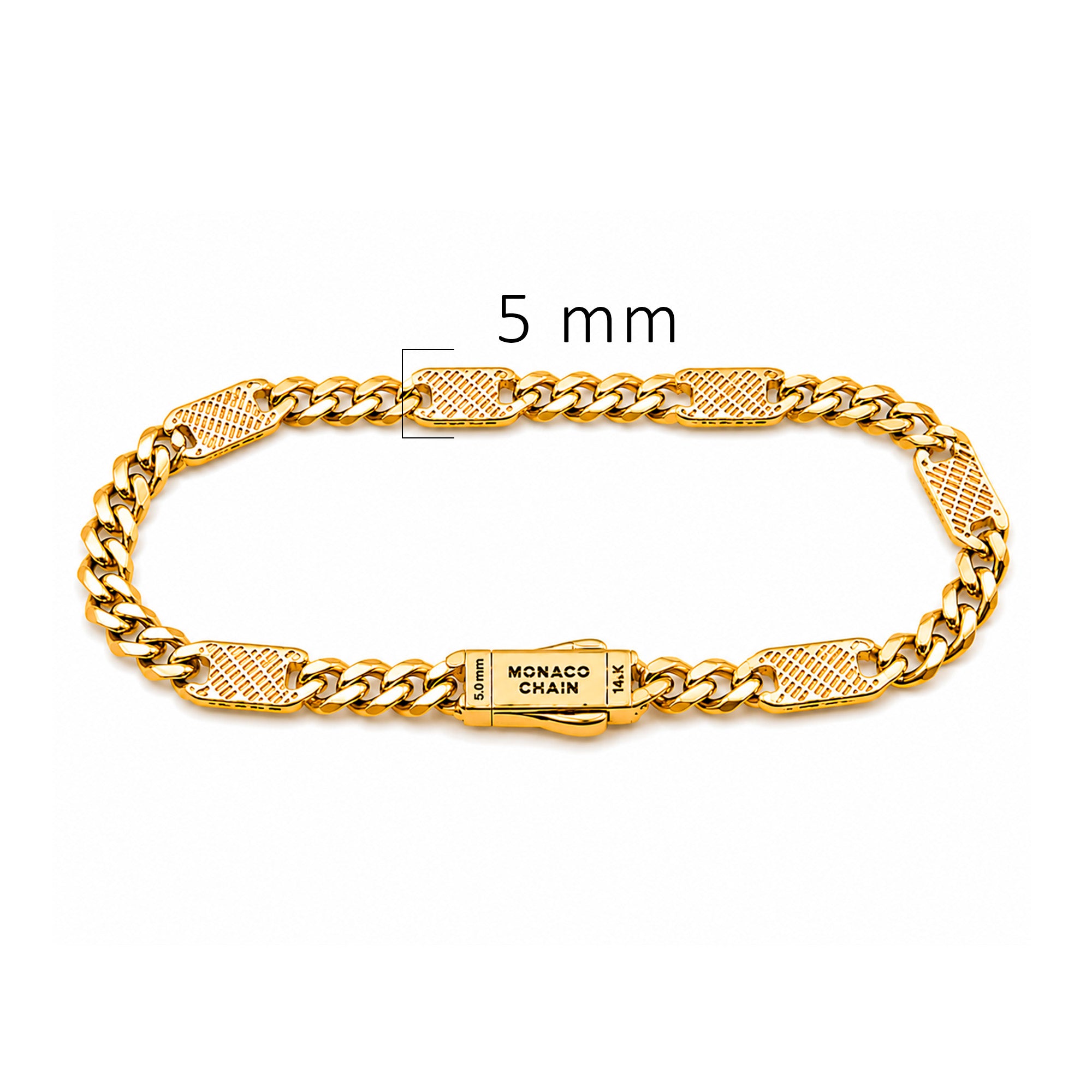 Pulsera Mónaco Chain Original Cubana con Placa Lisa, Broche Circonias 17 cm, 55 mm. Oro 14K
