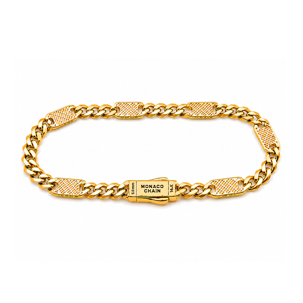Pulsera Mónaco Chain Original Cubana con Placa Lisa, Broche Circonias 17 cm, 55 mm. Oro 14K