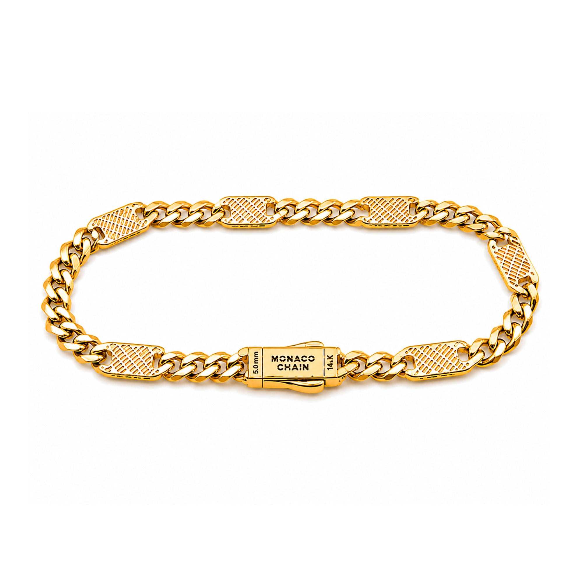 Pulsera Mónaco Chain Original Cubana con Placa Lisa, Broche Circonias 17 cm, 55 mm. Oro 14K