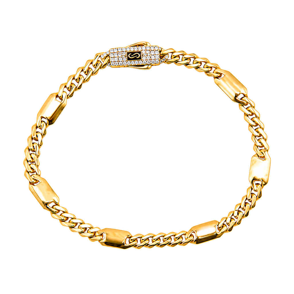 Pulsera Mónaco Chain Original Cubana con Placa Lisa, Broche Circonias 17 cm, 55 mm. Oro 14K