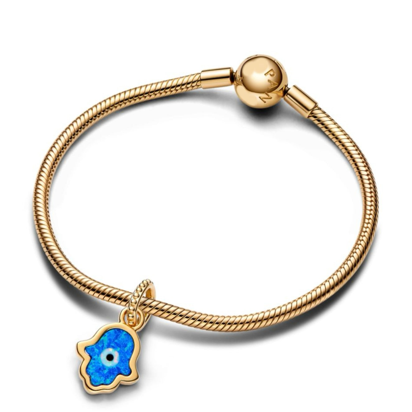 Charm Inspirado Pan 1:1 Mano de Fatima Opalo Azul con Dorado, Plata .925 Con Baño de Oro 18 k