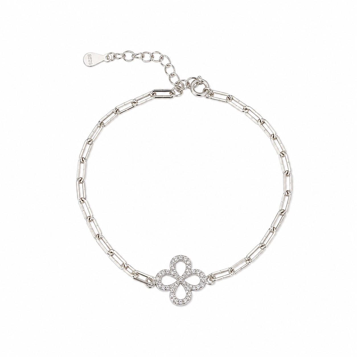 Pulsera Trebol con Micro Circonias y Cadena Paper Clip Plata .925
