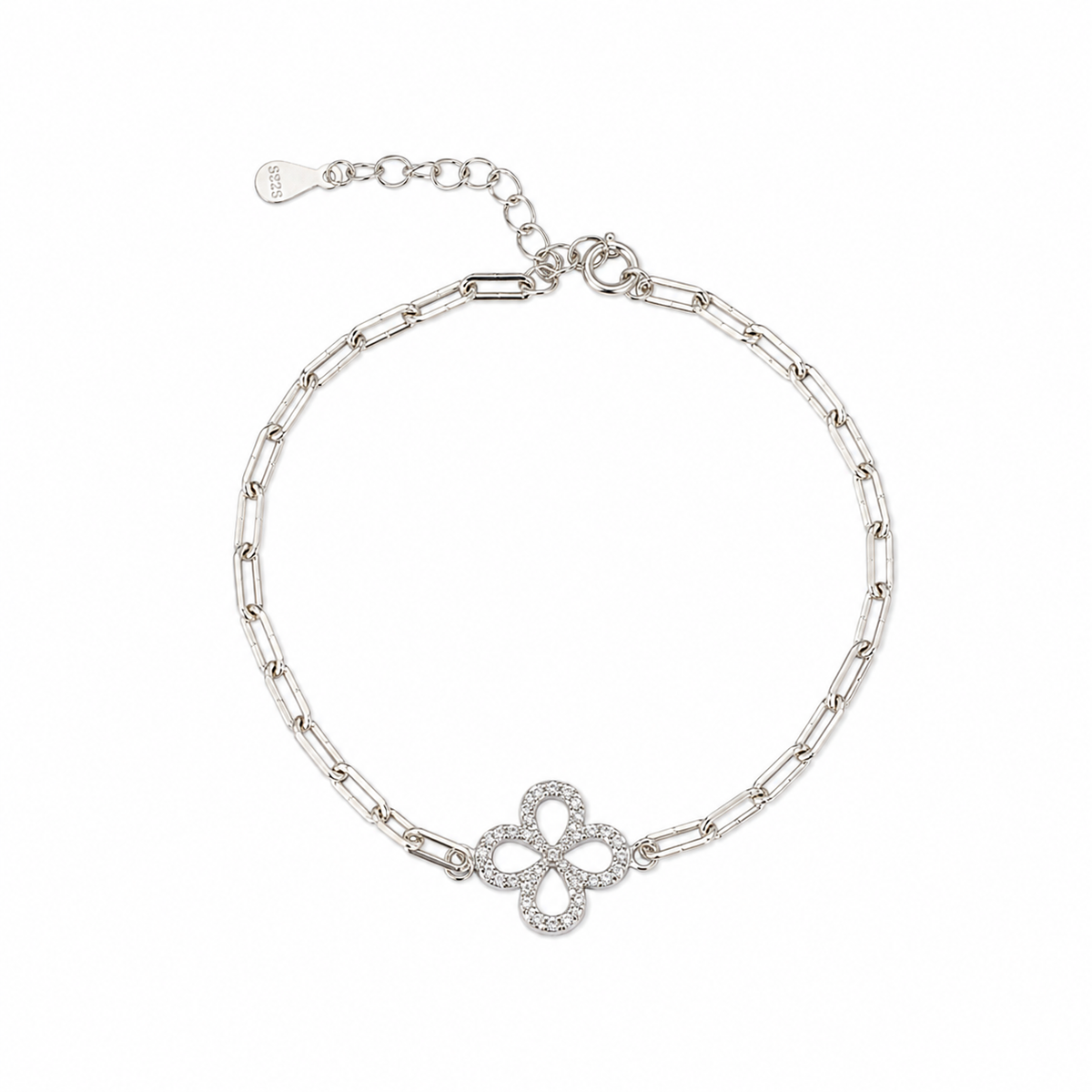 Pulsera Trebol con Micro Circonias y Cadena Paper Clip Plata .925