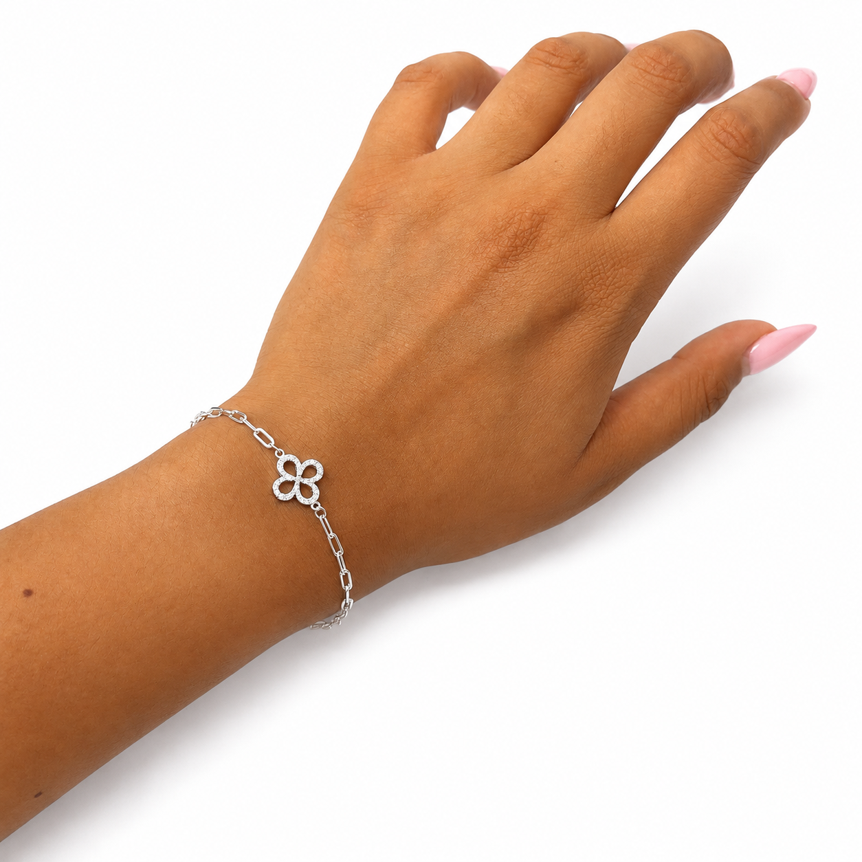 Pulsera Trebol con Micro Circonias y Cadena Paper Clip Plata .925