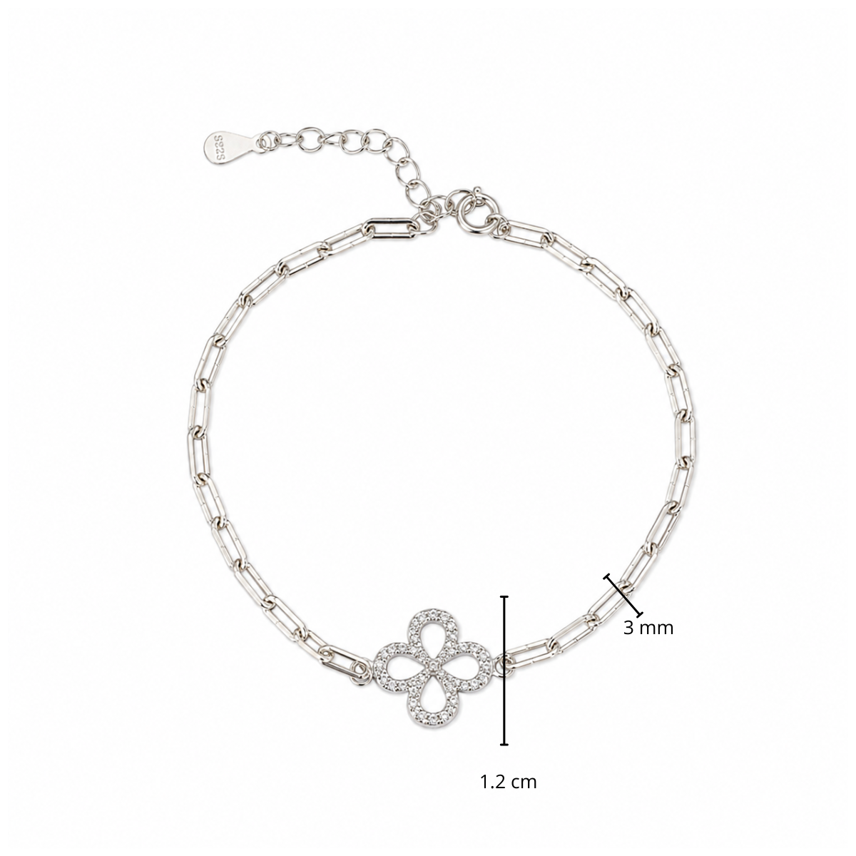 Pulsera Trebol con Micro Circonias y Cadena Paper Clip Plata .925