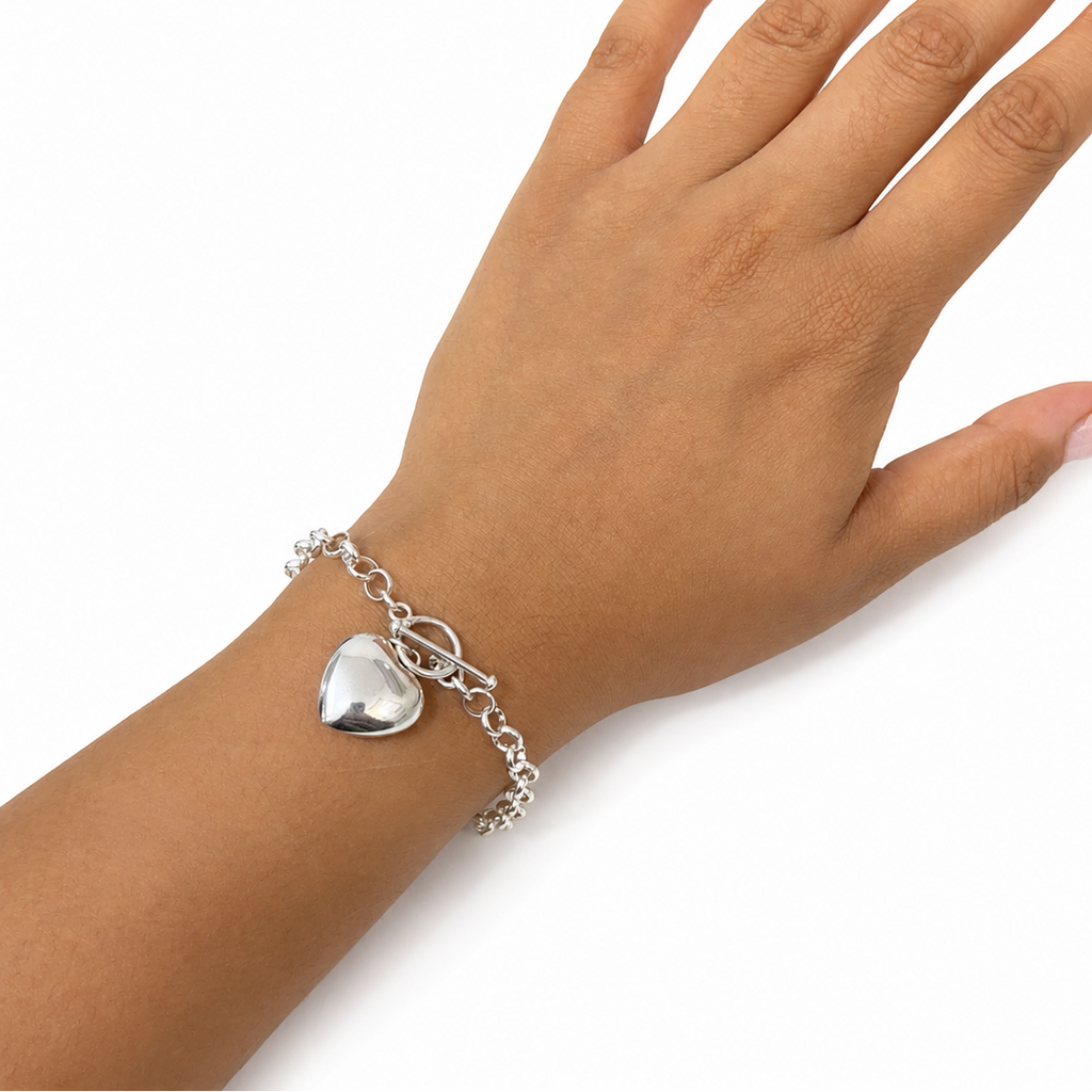 Pulsera Broche T Corazón Bombeado y Cadena Eslabones Plata .925