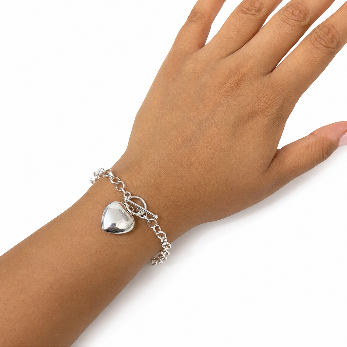 Pulsera Broche T Corazón Bombeado y Cadena Eslabones Plata .925