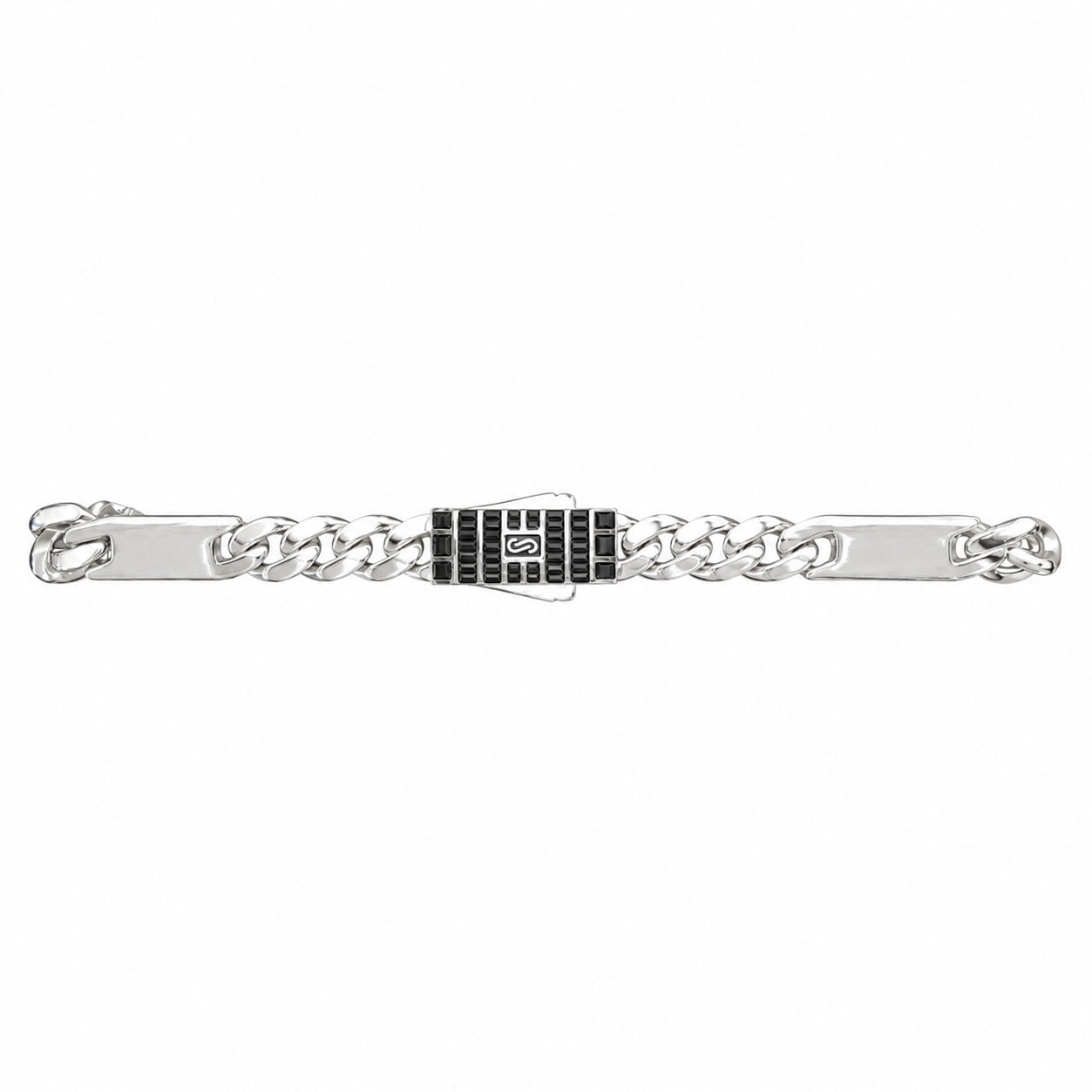 Pulso Inspirado Mónaco Macizo Cubano Liso 7mm y Placas Lisas Con Broche Circonias Negras Baguette  Plata .925 con Baño de Rodio